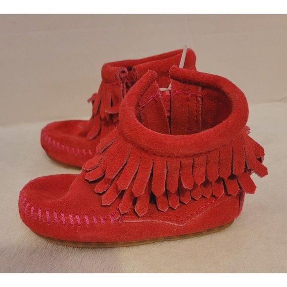 Minnetonka Pink Double Fringe Side Zip Boot Size 4 - Picture 3 of 10